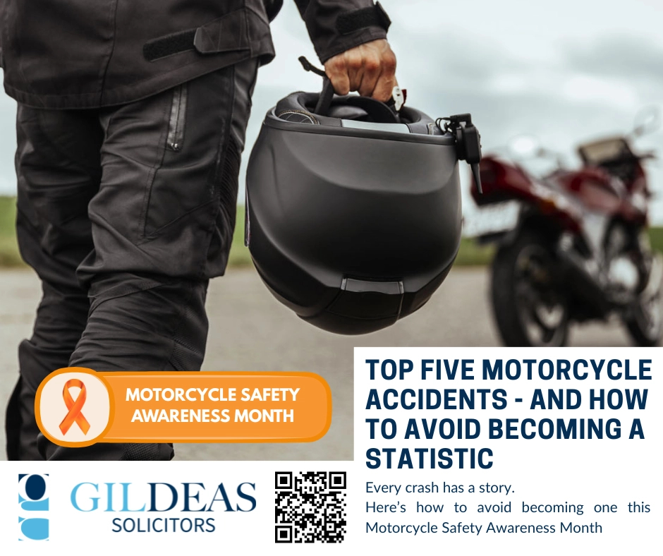 An image advertising personal injury firm Gildeas Solicitors office. they specialise in accident claims in Scotland. including road traffic accidents, motorcycle accidents, cycling accidents, and accidents at work. Motorcycle rider parked on the road in Scotland – promoting motorcycle safety and avoiding motorcycle accidents in Scotland