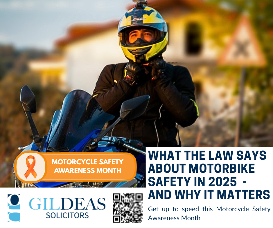 An image advertising personal injury firm Gildeas Solicitors office. they specialise in accident claims in Scotland. including road traffic accidents, motorcycle accidents, cycling accidents, and accidents at work. Motorbike rider parked on the road in Scotland – promoting motorbike safety and avoiding motorcycle accidents in Scotland. They are no win no fee solicitors
