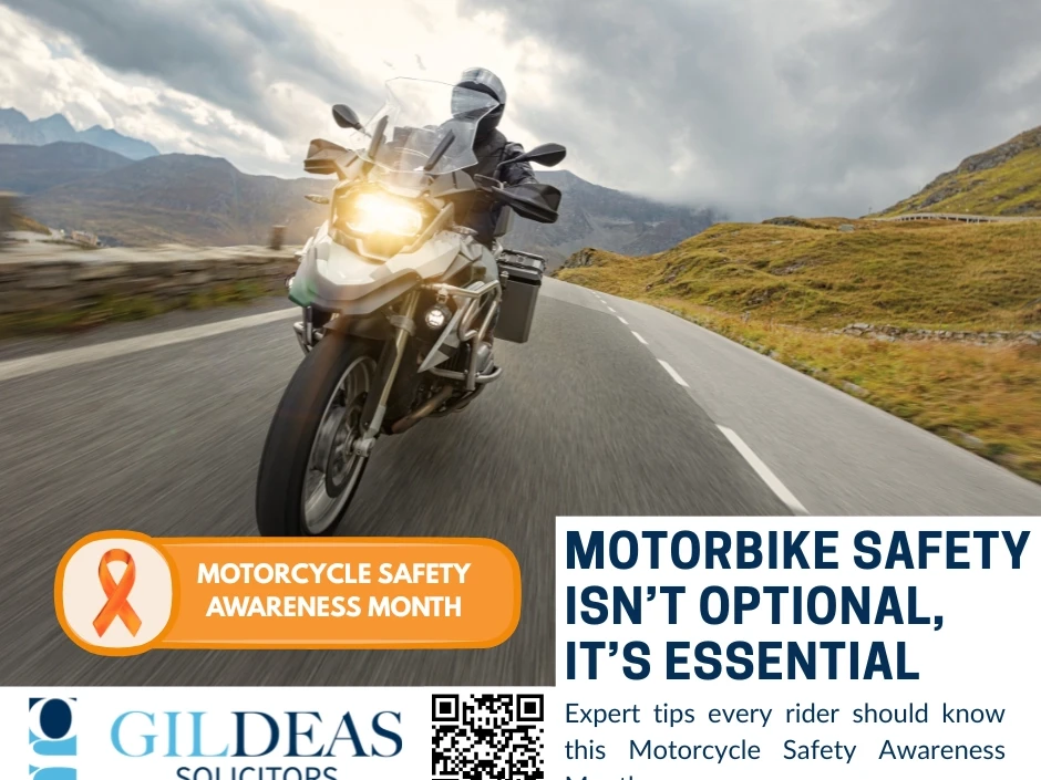 An image advertising personal injury firm Gildeas Solicitors office. they specialise in accident claims in Scotland. including road traffic accidents, motorcycle accidents, cycling accidents, and accidents at work. Motorbike rider navigating scenic Scottish hills – promoting motorcycle safety and awareness in Scotland