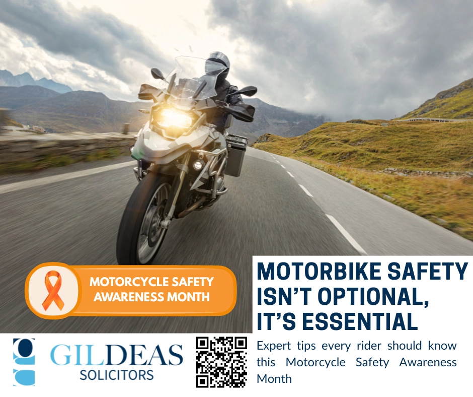 An image advertising personal injury firm Gildeas Solicitors office. they specialise in accident claims in Scotland. including road traffic accidents, motorcycle accidents, cycling accidents, and accidents at work. Motorbike rider navigating scenic Scottish hills – promoting motorcycle safety and awareness in Scotland