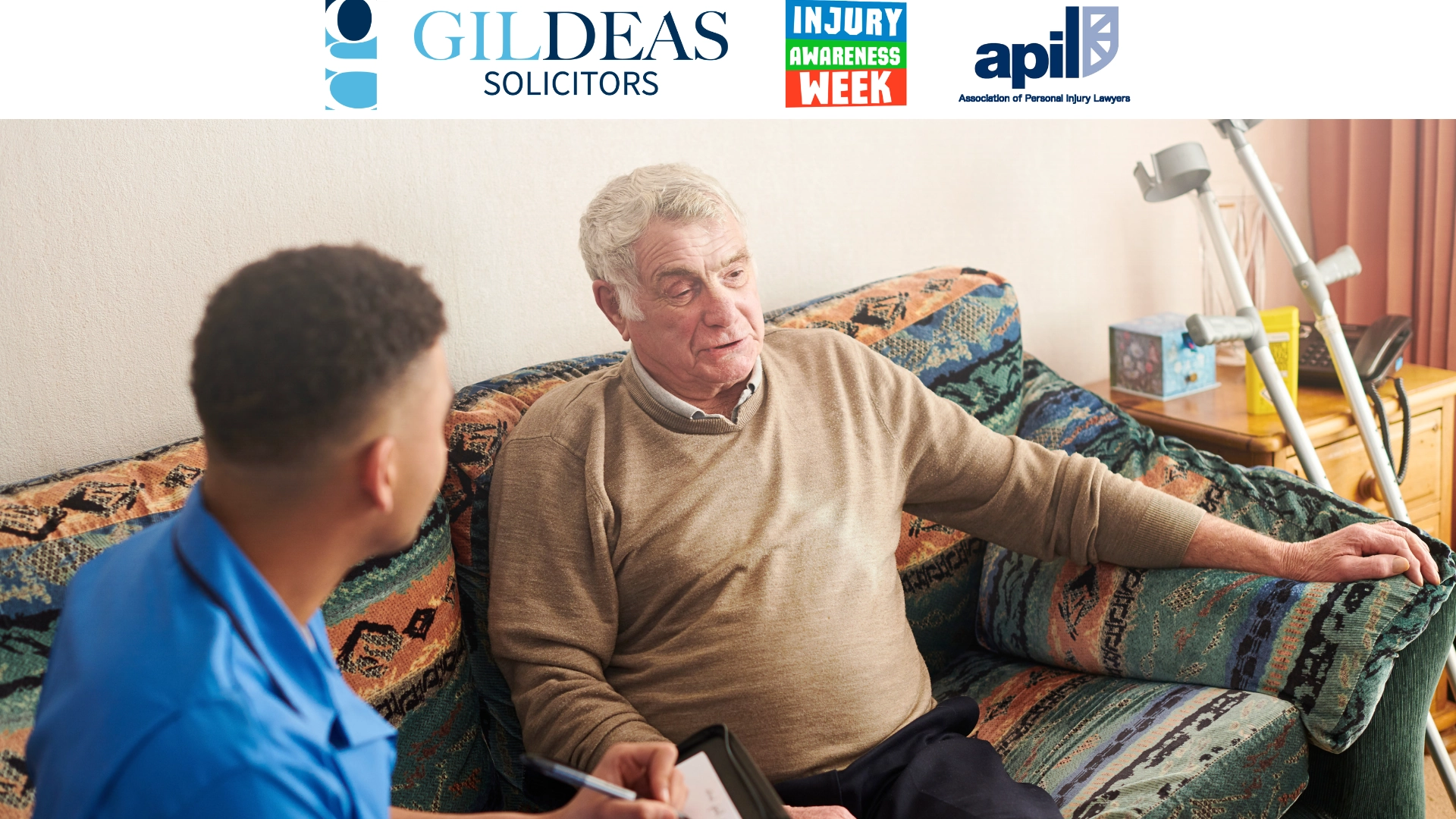 An image advertising personal injury firm Gildeas Solicitors office. they specialise in accident claims in Scotland. including road traffic accidents, motorcycle accidents, cycling accidents, and accidents at work. They are no win no fee solicitors. This image is promoting Injury Awareness Week 2025.