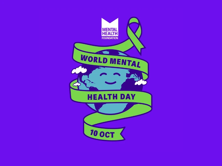 A purple background with a cartoon logo of the Earth, with text saying World Mental Healh Day 2025. The image is being used to highlight world mental health day which is celebrated on October 10 every year. The image is being used by Gildeas Solicitors, a personal injury firm. They specialise in accident claims in Scotland, including road traffic accidents, motorcycle accidents, cycling accidents, and accidents at work. They are a no win no fee solicitors.