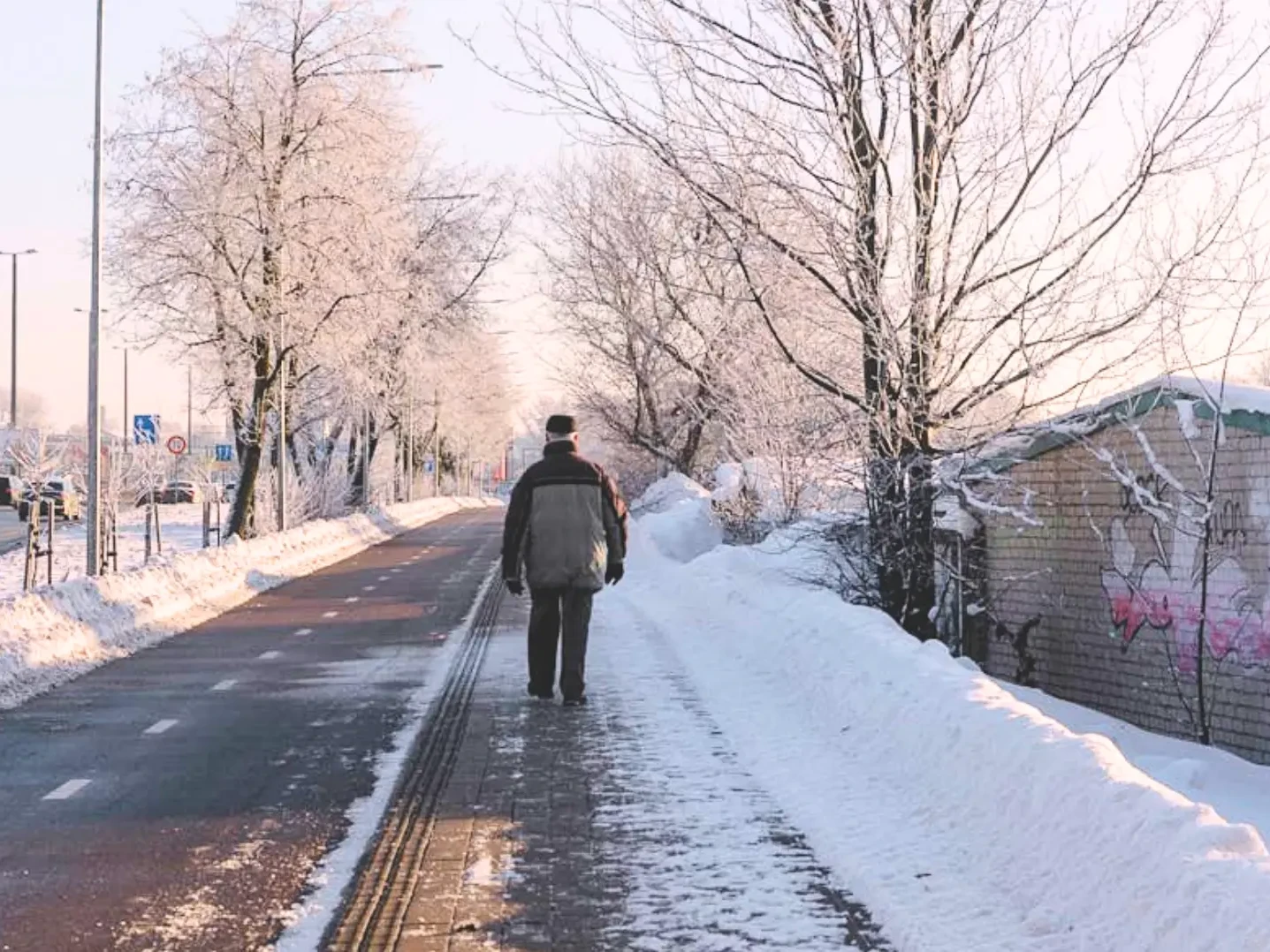 A person walking alone on a snowy, icy pathway beside a road on a winter morning, with frost-covered trees and snowbanks creating hazardous conditions that increase the risk of a fall on ice and potential personal injury.